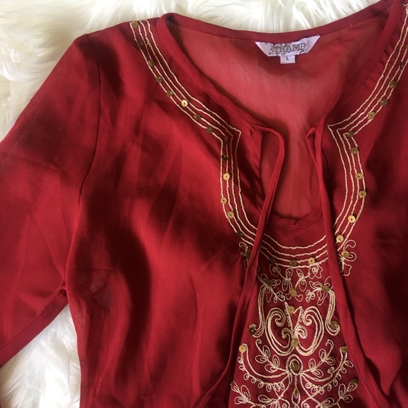 ❤️ Red Kurti-Style Sheer Long Sleeve Tunic Blouse - Picture 2 of 8
